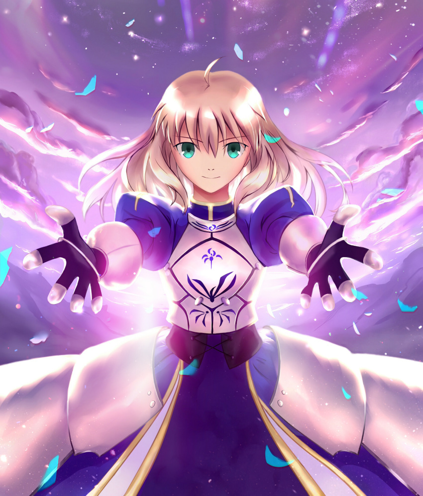 1girl ahoge armor armored_dress artoria_pendragon_(all) blonde_hair breastplate clouds fate/grand_order fate_(series) gloves green_eyes highres juliet_sleeves long_hair long_sleeves looking_at_viewer outstretched_arms puffy_sleeves saber saber_ruri smile solo solo_focus