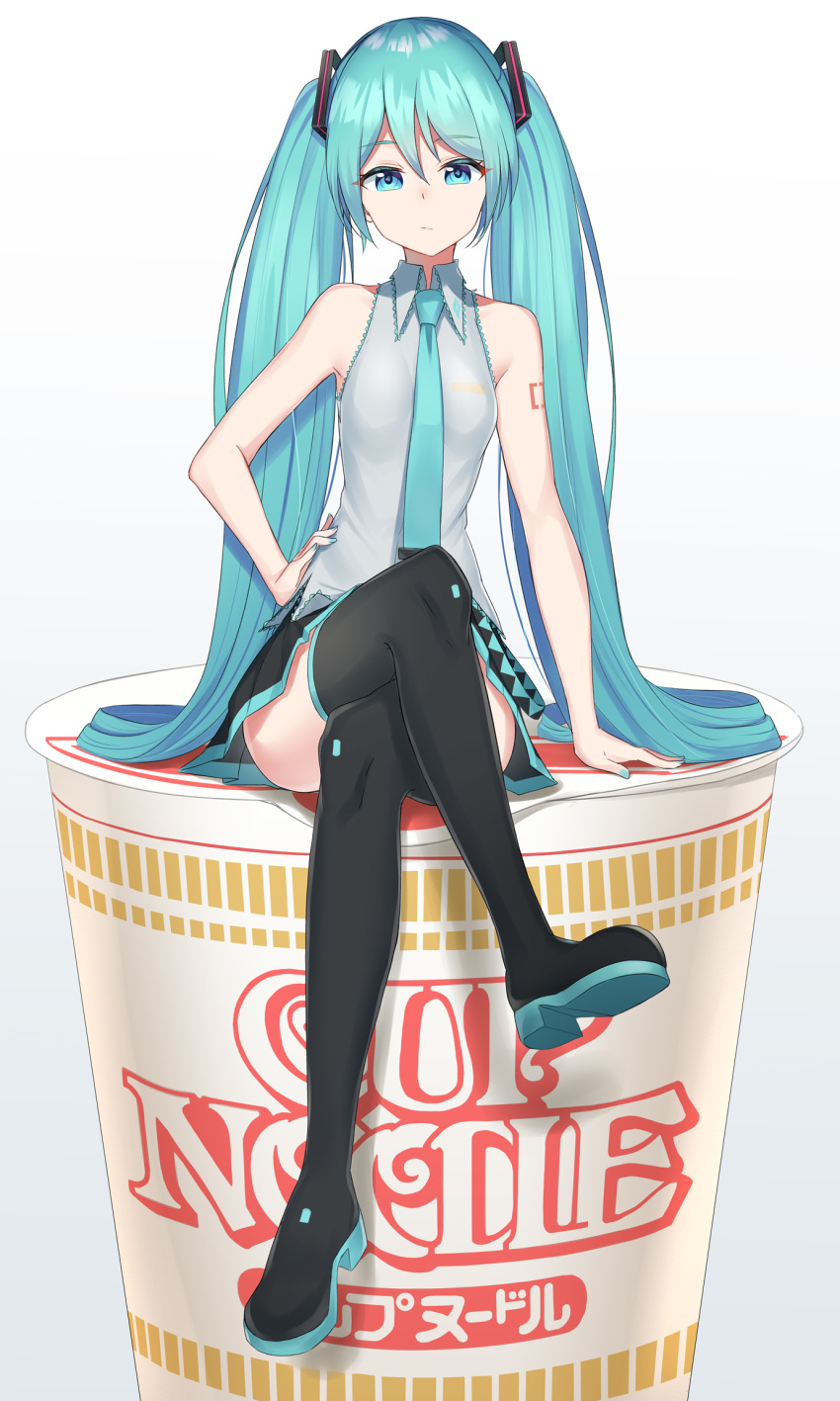 1girl aqua_eyes aqua_hair bare_arms bare_shoulders bibboss39 black_footwear black_skirt boots closed_mouth collared_shirt crossed_legs cup disposable_cup expressionless gradient gradient_background grey_shirt hand_on_hip hatsune_miku highres long_hair looking_at_viewer miniskirt nail_polish necktie pleated_skirt ramen shirt shoulder_tattoo sitting skirt sleeveless sleeveless_shirt solo tattoo thigh-highs thigh_boots twintails very_long_hair vocaloid