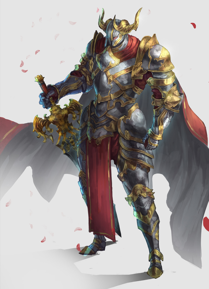 armor breastplate cape commentary full_armor gauntlets helmet highres holding holding_sword holding_weapon horned_helmet horns knight long_sword original red_cape red_eyes ritu_kotokai simple_background solo standing sword weapon white_background