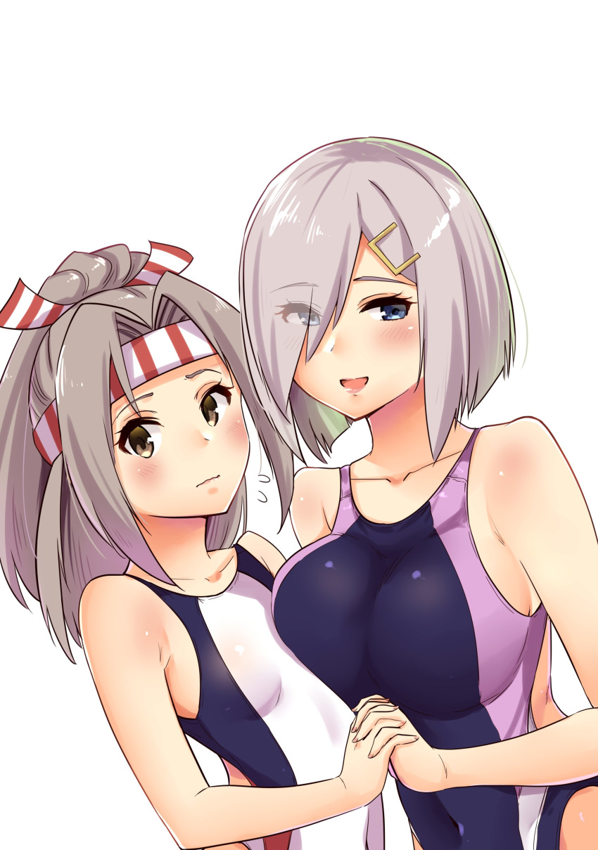 2girls absurdres black_swimsuit blue_eyes breast_press breasts commentary_request cowboy_shot flat_chest flying_sweatdrops grey_eyes grey_hair hachimaki hair_ornament hair_over_one_eye hairclip hamakaze_(kantai_collection) headband high_ponytail highleg highleg_swimsuit highres holding_hands kantai_collection large_breasts long_hair looking_at_viewer multiple_girls sarfata short_hair silver_hair simple_background swimsuit symmetrical_docking white_background white_swimsuit zuihou_(kantai_collection)