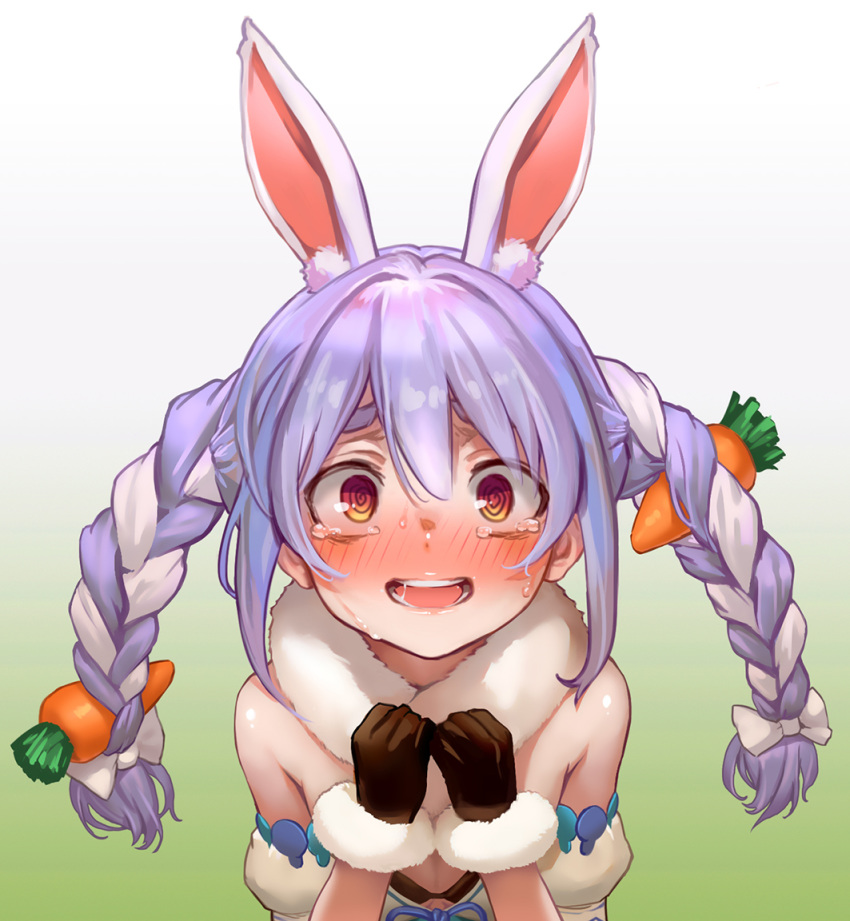 1girl @_@ animal_ear_fluff animal_ears as109 bangs black_gloves blue_hair blush braid breasts carrot carrot_hair_ornament commentary_request food_themed_hair_ornament fur_collar fur_trim gloves gradient gradient_background hair_between_eyes hair_ornament hololive long_hair looking_at_viewer multicolored_hair open_mouth rabbit_ears simple_background small_breasts solo tears twin_braids upper_body usada_pekora virtual_youtuber white_hair