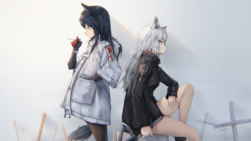 2girls absurdres animal_ears arknights back-to-back bare_legs black_hair black_jacket black_legwear cigarette cowboy_shot cross elbow_gloves eyyy fur-trimmed_jacket fur_trim gloves grey_eyes grin hand_in_pocket highres hood hooded_jacket jacket lappland_(arknights) long_hair long_sleeves looking_back multiple_girls pantyhose profile red_gloves shadow silver_hair sitting smile smoking standing sword tail texas_(arknights) thighs weapon white_background white_jacket wolf_ears wolf_tail