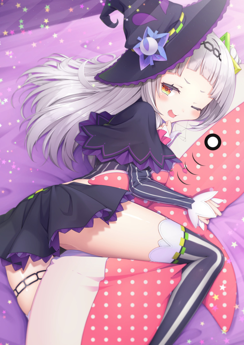 1girl ;d absurdres animal_pillow bed between_legs black_capelet black_hairband black_headwear black_legwear black_shirt black_skirt blush brown_hair capelet commentary_request crop_top forehead grey_hair hair_bun hair_ornament hairband hat highres hololive long_hair long_sleeves looking_at_viewer lying midriff murasaki_shion on_side one_eye_closed open_mouth pillow pillow_hug pleated_skirt sasakura_momiji shirt side_bun skirt sleeves_past_wrists smile solo star striped striped_legwear thigh-highs vertical-striped_legwear vertical_stripes virtual_youtuber witch_hat yellow_eyes