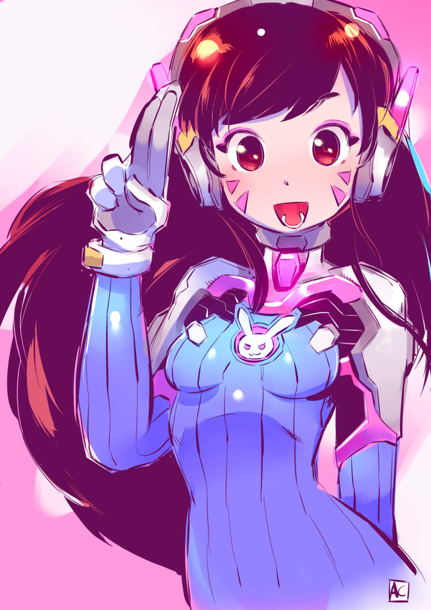 1girl :d andrea_cofrancesco bangs blue_bodysuit blush bodysuit breasts brown_eyes brown_hair d.va_(overwatch) earphones gloves hand_up highres long_hair looking_at_viewer open_mouth overwatch signature small_breasts smile solo swept_bangs upper_body whisker_markings white_gloves