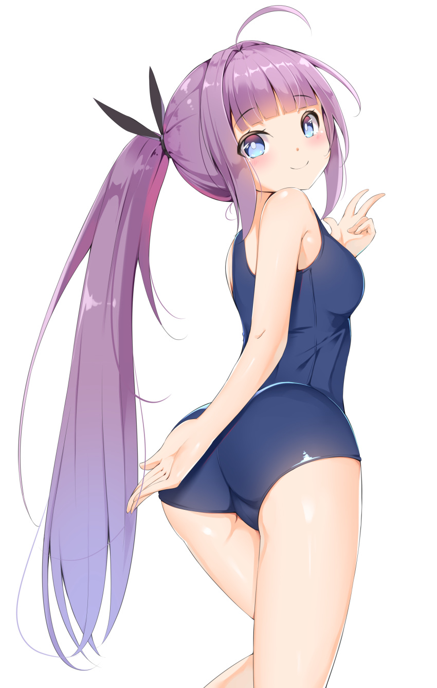 1girl absurdres ahoge arm_behind_back ass azur_lane bangs bare_shoulders black_ribbon blue_eyes blue_swimsuit blush breasts commentary_request eyebrows_visible_through_hair hair_ribbon highres long_hair looking_at_viewer medium_breasts ponytail purple_hair ribbon school_swimsuit simple_background solo swimsuit tashkent_(azur_lane) tming white_background