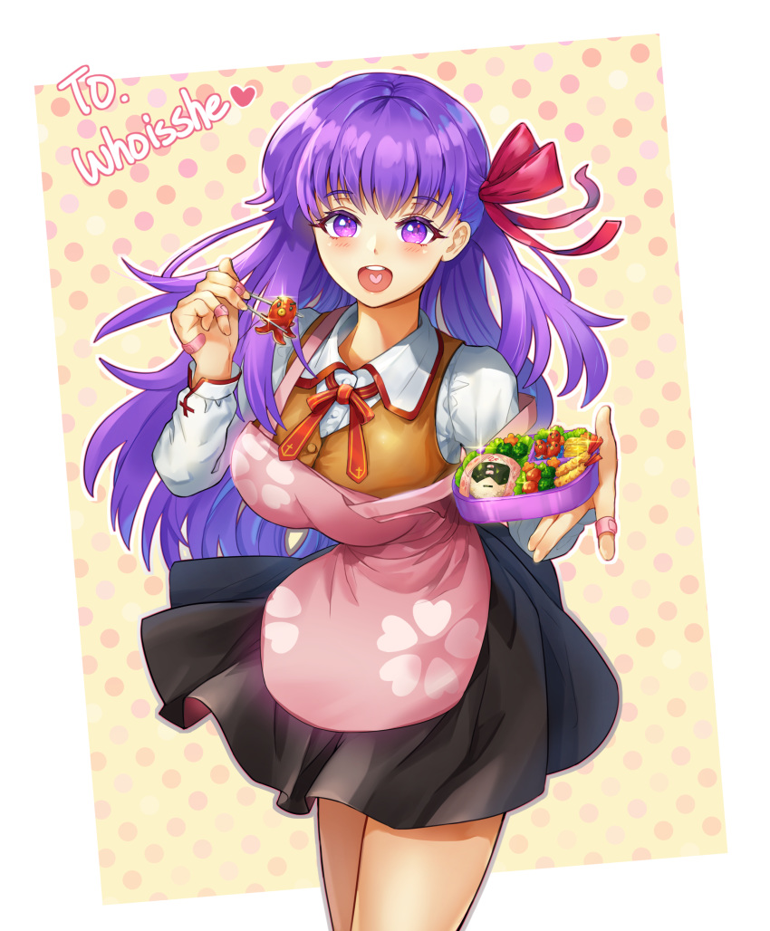 1girl absurdres apron bandaid bangs black_skirt breasts brown_vest chopsticks commentary cute emiya-san_chi_no_kyou_no_gohan eyebrows_visible_through_hair fate/stay_night fate_(series) floral_print food hair_ribbon heart heart_print heaven's_feel highres holding holding_chopsticks laon long_hair long_sleeves looking_at_viewer matou_sakura obentou open_mouth pink_apron purple_hair red_ribbon ribbon shirt skirt smile solo type-moon ufotable vest violet_eyes white_shirt