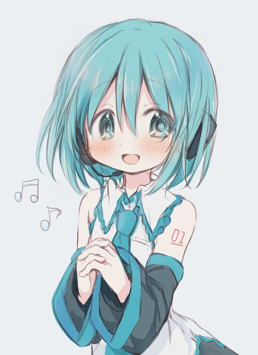 1girl absurdres aqua_eyes aqua_hair aqua_neckwear bare_shoulders beamed_eighth_notes black_skirt black_sleeves commentary detached_sleeves eighth_note hands_together hatsune_miku headphones headset highres hitode musical_note necktie shirt shoulder_tattoo skirt sleeveless sleeveless_shirt tattoo upper_body vocaloid white_shirt