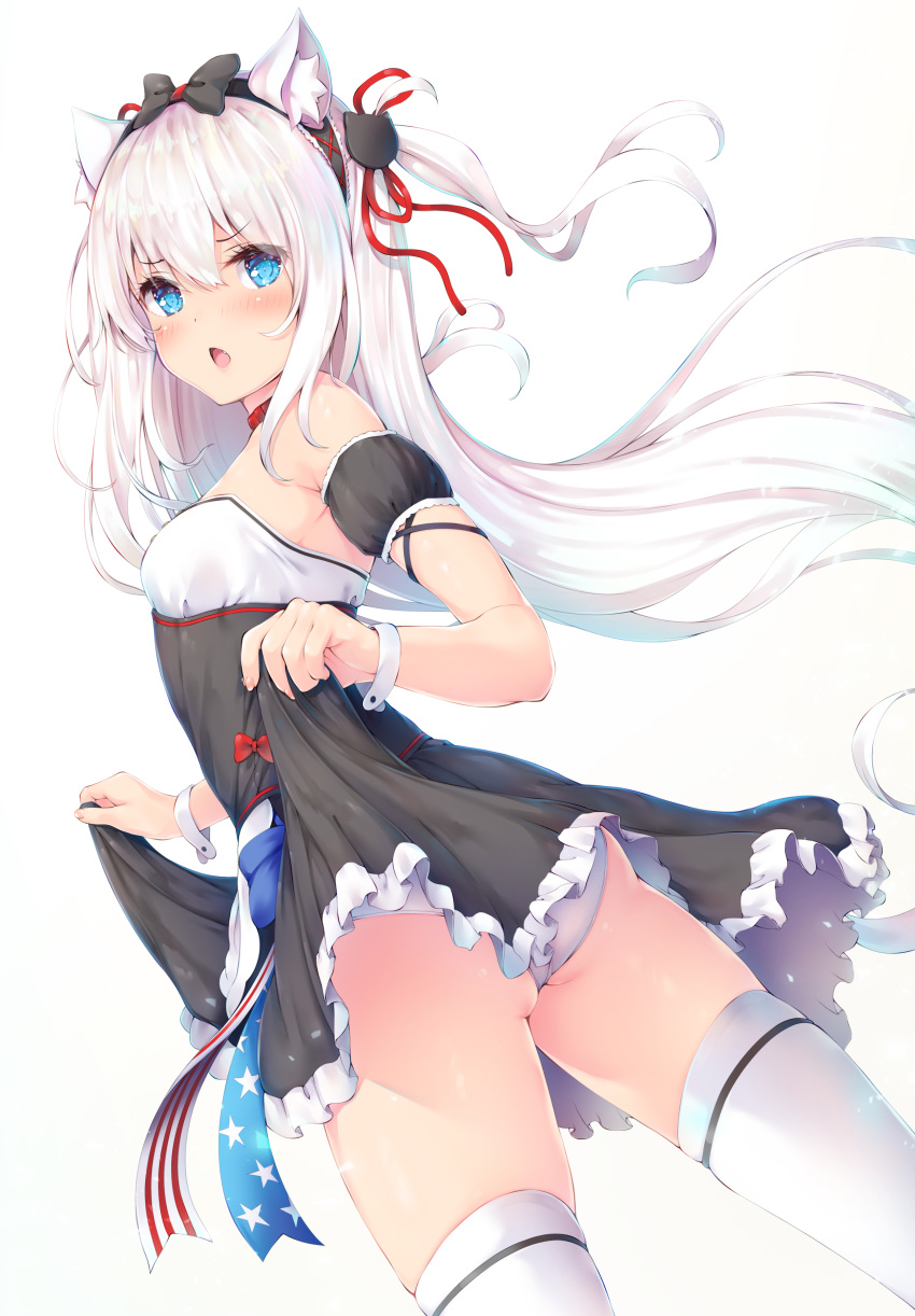 1girl absurdres akyorapenyo animal_ears azur_lane bare_shoulders blue_eyes blush bow breasts cat_ears cat_girl dress eyebrows_visible_through_hair hair_bow hair_ornament hair_ribbon hammann_(azur_lane) highres lifted_by_self long_hair looking_at_viewer open_mouth panties pantyshot puffy_short_sleeves puffy_sleeves ribbon short_sleeves simple_background solo thigh-highs underwear very_long_hair white_background white_hair white_legwear