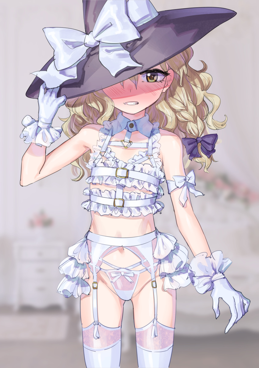 1girl absurdres bare_shoulders black_headwear blonde_hair blurry blurry_background blush bow bow_panties braid brown_eyes clenched_teeth commentary_request depth_of_field frills garter_belt gloves grey_background groin gunnjou_yosio hair_bow hand_on_headwear hand_up hat hat_bow hat_over_one_eye highres kirisame_marisa long_hair panties purple_bow solo teeth thigh-highs touhou underwear white_bow white_gloves white_legwear white_panties witch_hat