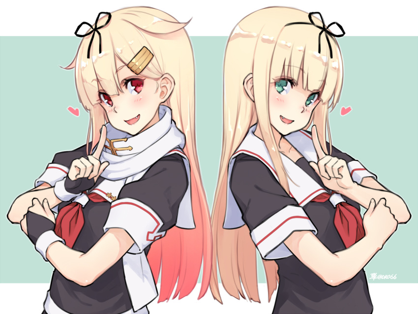 2girls bangs black_ribbon black_serafuku blonde_hair blush breasts collarbone commentary_request dan_(kumadan) eyebrows_visible_through_hair fang gloves gradient_hair green_eyes hair_flaps hair_ornament hair_ribbon hairclip heart kantai_collection long_hair looking_at_viewer multicolored_hair multiple_girls neckerchief open_mouth red_eyes red_neckwear redhead remodel_(kantai_collection) ribbon sailor_collar scarf school_uniform serafuku short_sleeves simple_background smile straight_hair upper_body very_long_hair white_scarf yuudachi_(kantai_collection)