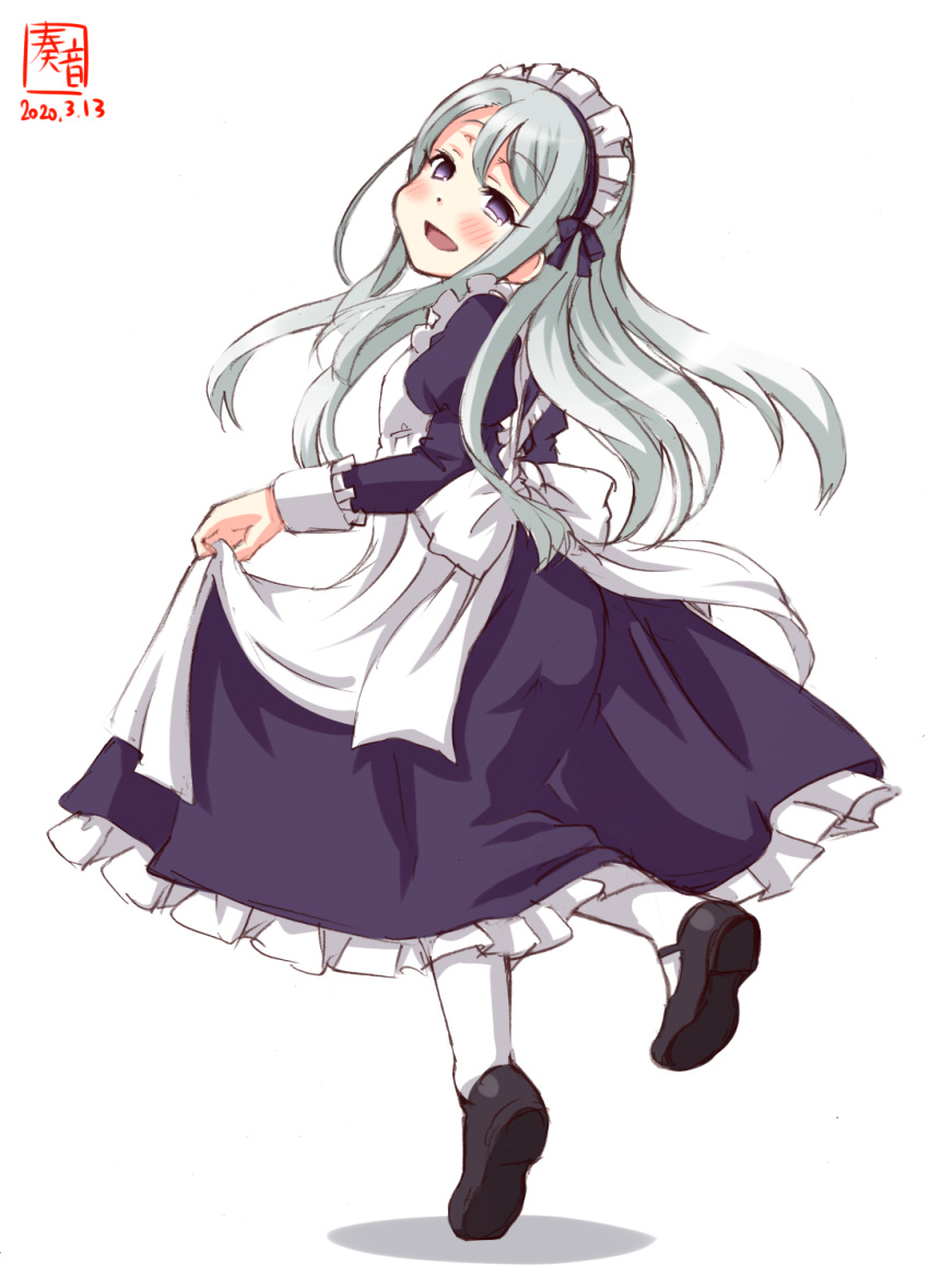 1girl alternate_costume arched_back artist_logo asymmetrical_bangs bangs blue_dress commentary_request dated dress dress_lift enmaided from_behind full_body grey_hair highres kanon_(kurogane_knights) kantai_collection long_hair looking_at_viewer looking_back maid maid_headdress pantyhose sagiri_(kantai_collection) shaft_look silver_hair simple_background smile solo swept_bangs violet_eyes white_background