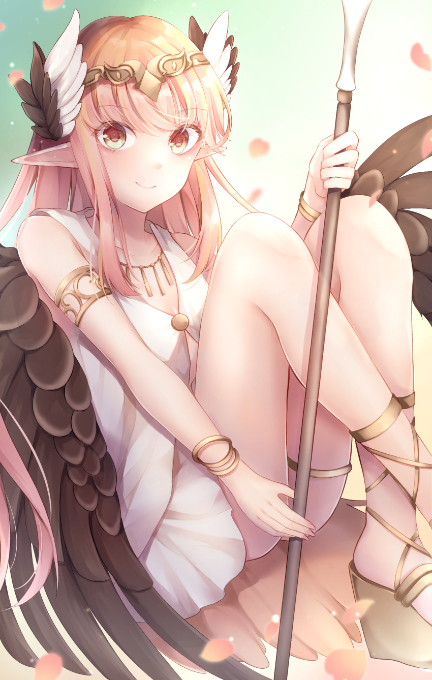 1girl absurdres ass bangs bare_shoulders blush breasts circe_(fate/grand_order) commentary_request eyebrows_visible_through_hair fate_(series) feathered_wings head_wings highres jewelry long_hair looking_at_viewer pink_hair pointy_ears smile solo wings yua_(bokubo0806)