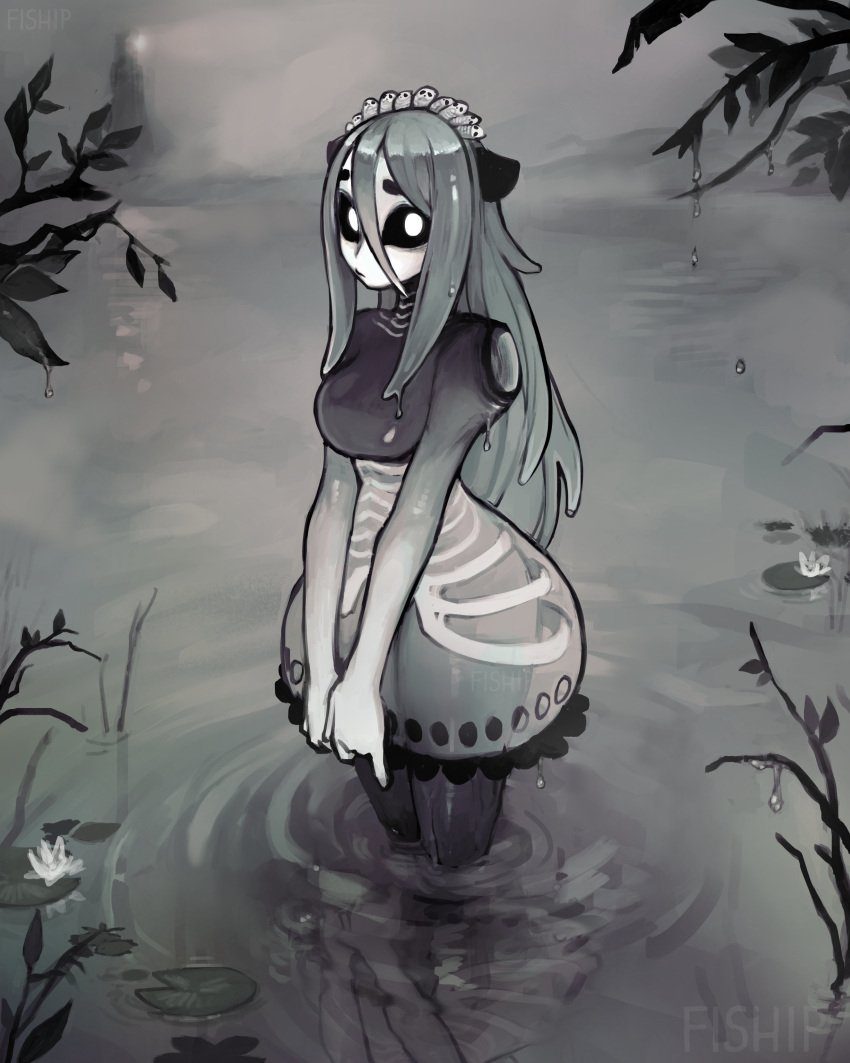 1girl absurdres animal_ears artist_name black_sclera branch bubble_skirt commentary commission english_commentary grey_hair hair_between_eyes highres lily_pad long_hair looking_at_viewer matilda_fiship monster_girl original outdoors personification see-through skirt solo v_arms wading water watermark white_skin