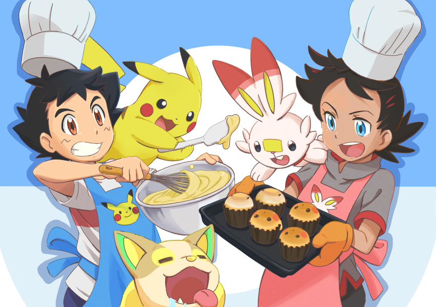 2boys absurdres apron black_hair blue_background blue_eyes brown_eyes chef_hat clenched_teeth dark_skin dark_skinned_male drooling facial_mark food gen_1_pokemon gen_8_pokemon gou_(pokemon) hat highres male_focus mixing_bowl muffin multiple_boys official_art open_mouth oven_mitts pikachu pokemon pokemon_(anime) pokemon_(creature) pokemon_swsh_(anime) satoshi_(pokemon) scorbunny shirt spatula t-shirt teeth tray upper_teeth whisk white_day yamper yasuda_shuuhei