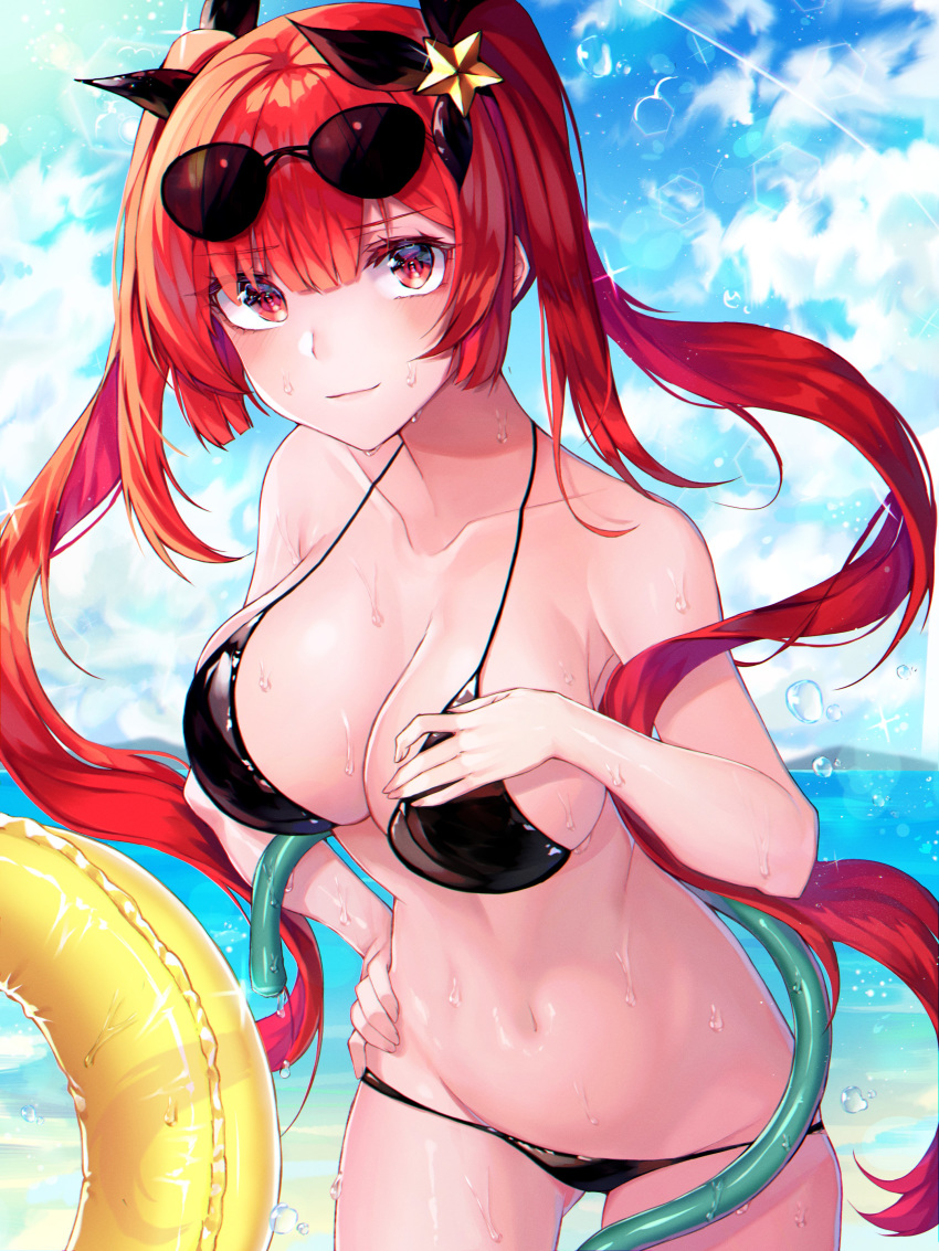 1girl absurdres azur_lane bikini black_bikini black_ribbon blue_sky blush breasts eyebrows_visible_through_hair eyewear_on_head fage hair_ribbon highres honolulu_(azur_lane) honolulu_(summer_accident?!)_(azur_lane) large_breasts long_hair looking_at_viewer navel red_eyes redhead ribbon sky solo sunglasses swimsuit twintails very_long_hair water