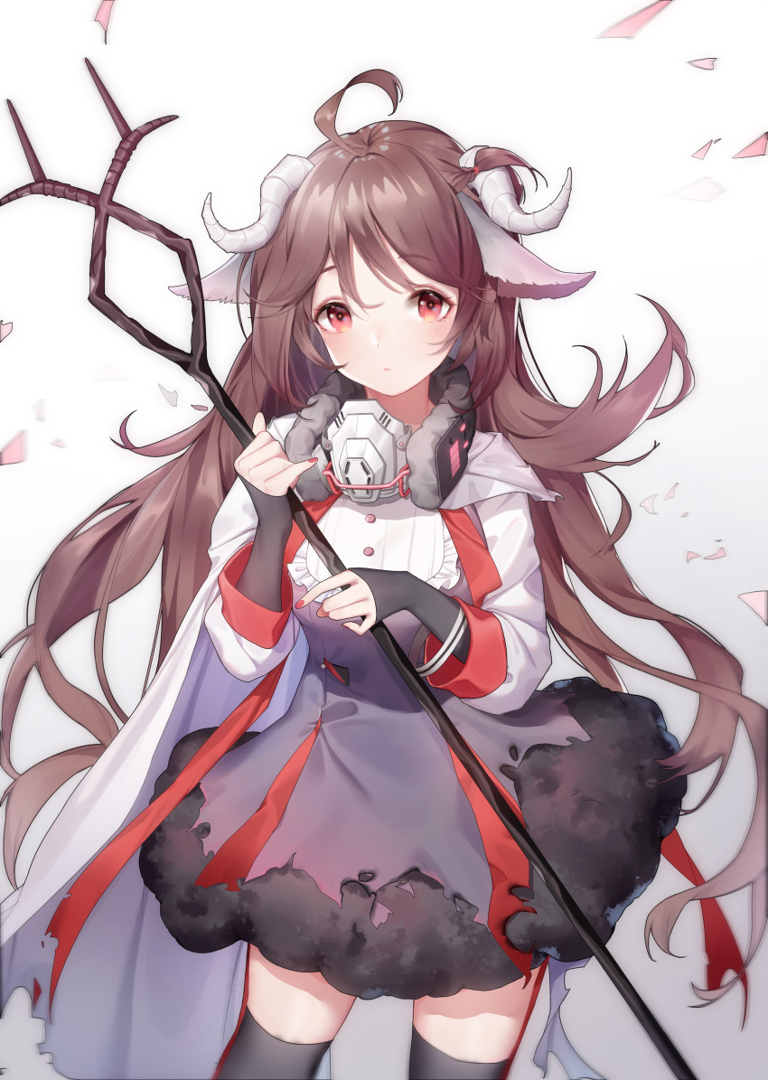 1girl absurdres ahu_hu animal_ears arknights black_legwear brown_hair burnt_clothes buttons cape cowboy_shot dress eyjafjalla_(arknights) highres holding holding_staff horns long_hair looking_at_viewer mask_around_neck puffy_dress purple_dress red_eyes red_nails respirator sheep_ears sheep_horns sleeves_past_wrists solo staff thigh-highs white_cape