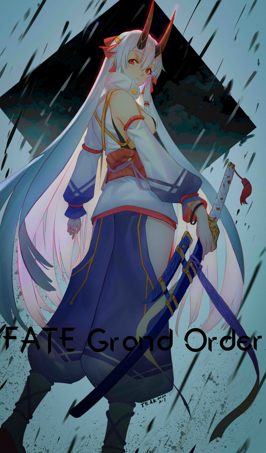 1girl absurdres breasts chinese_commentary closed_mouth commentary_request dated detached_sleeves dutch_angle english_text fate/grand_order fate_(series) from_behind headband highres holding holding_sword holding_weapon horns japanese_clothes katana long_hair looking_at_viewer looking_back medium_breasts oni_horns rain red_eyes sheath sheathed side_slit sideboob signature solo standing sword taek_ten tomoe_gozen_(fate/grand_order) weapon white_hair