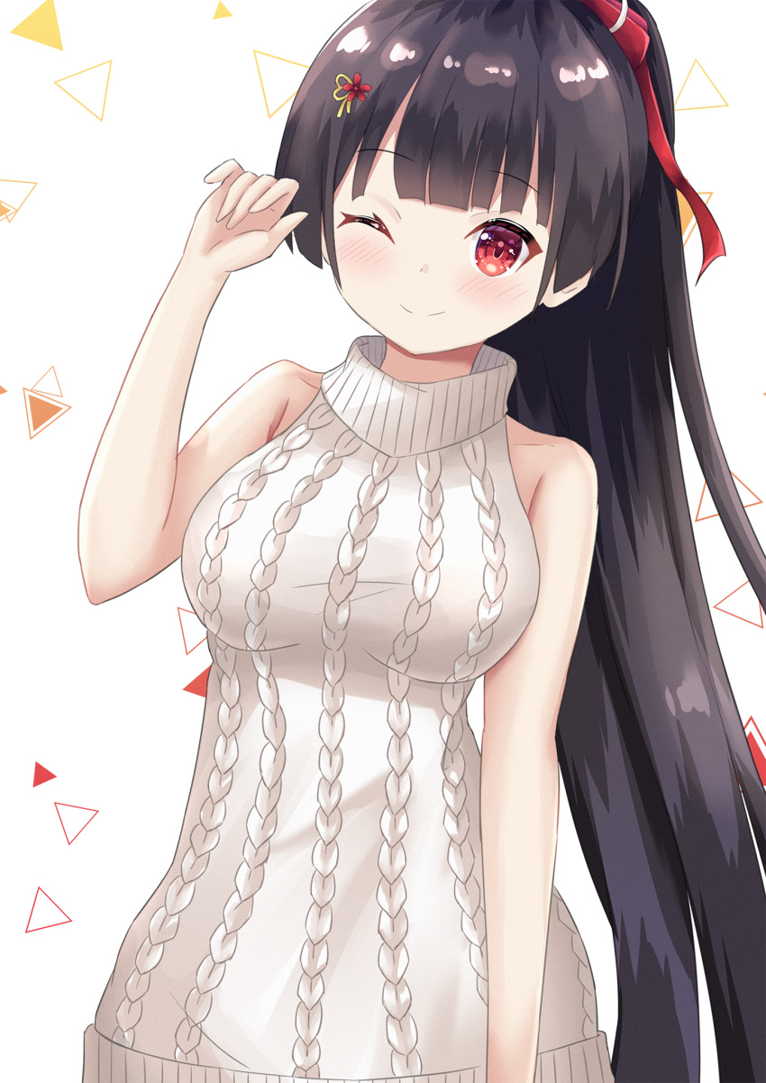 1girl agano_(azur_lane) agano_(dating_game?)_(azur_lane) aran_sweater azur_lane bare_shoulders black_hair blush breasts dress eyebrows_visible_through_hair hair_ornament hair_ribbon hayashi_maka highres long_hair looking_at_viewer medium_breasts one_eye_closed ponytail red_eyes ribbon simple_background sleeveless sleeveless_sweater sleeveless_turtleneck solo sweater sweater_dress turtleneck turtleneck_sweater