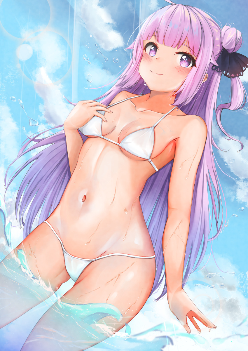 1girl ahoge ass_visible_through_thighs azur_lane bangs bare_arms bare_shoulders bikini black_ribbon blue_sky breasts closed_mouth clouds cloudy_sky collarbone commentary_request day dutch_angle eyebrows_visible_through_hair groin hair_bun hair_ribbon hand_up highres medium_breasts minertime navel one_side_up outdoors purple_hair ribbon side_bun sky smile solo swimsuit unicorn_(azur_lane) violet_eyes water waves wet white_bikini