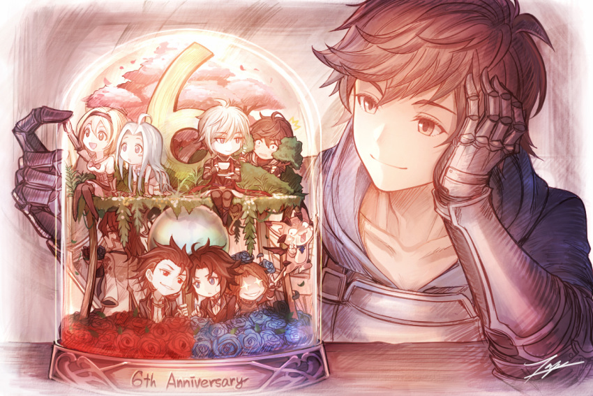 all_fours black_hair blonde_hair blue_eyes blue_flower blue_hair blue_hoodie blue_rose brown_eyes brown_hair cup djeeta_(granblue_fantasy) flower gauntlets gran_(granblue_fantasy) granblue_fantasy grass headband holding jacket_on_shoulders katalina_aryze lancelot_(granblue_fantasy) long_hair lucio_(granblue_fantasy) lyria_(granblue_fantasy) percival_(granblue_fantasy) plant red_eyes red_flower red_rose redhead rose sandalphon_(granblue_fantasy) short_hair siegfried_(granblue_fantasy) sitting smile teacup tenyo0819 tree vee_(granblue_fantasy)