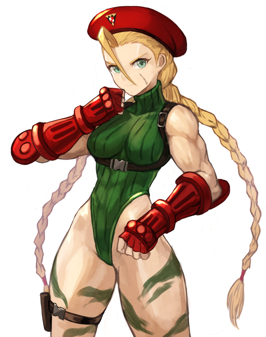 1girl abs absurdres blonde_hair braid breasts cammy_white closed_mouth eyebrows facial_scar green_eyes green_sweater hat highleg highres large_breasts long_hair looking_at_viewer muscle muscular_female red_headwear ribbed_sweater scar scar_on_cheek solo sookmo street_fighter street_fighter_v sweater twin_braids very_long_hair