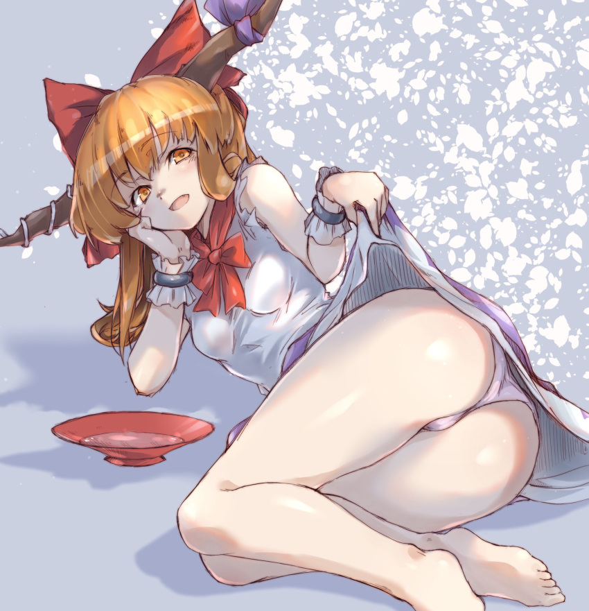1girl arm_support ass bare_legs barefoot bow cup hair_bow head_rest highres horn_ribbon horns ibuki_suika lifted_by_self long_hair looking_at_viewer lying open_mouth orange_eyes orange_hair ototobe panties pink_panties purple_ribbon purple_skirt red_bow red_neckwear ribbon sakazuki shirt skirt skirt_lift sleeveless sleeveless_shirt smile solo touhou underwear white_shirt wrist_cuffs
