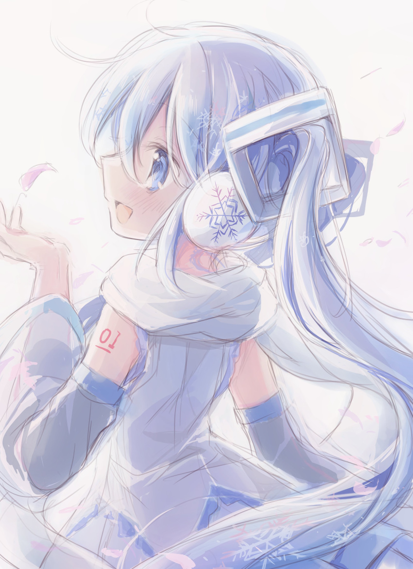1girl absurdres bare_shoulders blue_eyes blue_hair blue_skirt cherry_blossoms commentary detached_sleeves earmuffs falling_petals from_behind hair_ornament hand_up hatsune_miku highres hitode light_blush long_hair open_mouth petals scarf shirt shoulder_tattoo skirt sleeveless sleeveless_shirt smile snowflake_print solo symbol_commentary tattoo twintails upper_body very_long_hair vocaloid white_scarf white_shirt yuki_miku yuki_miku_(2011)