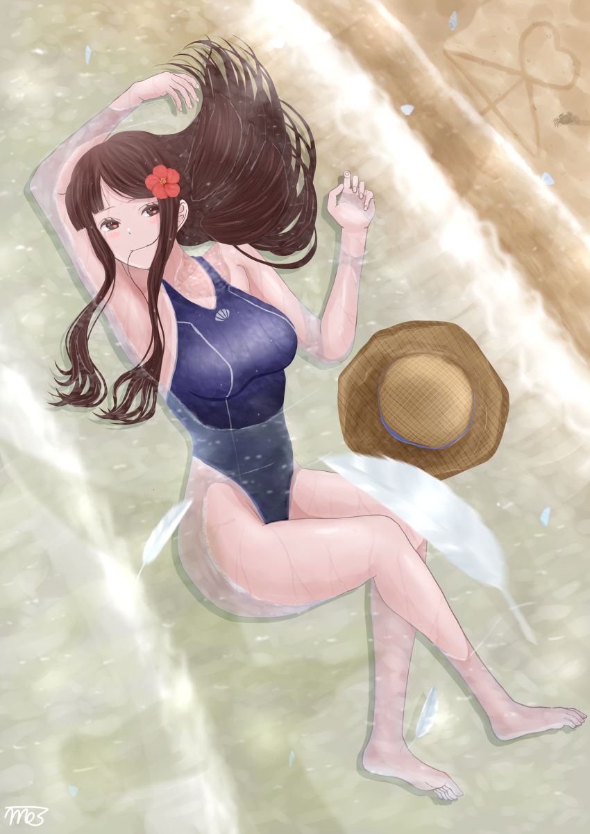 1girl absurdres ai_ai_gasa armpits black_swimsuit breasts brown_eyes brown_hair competition_swimsuit flower full_body hair_flower hair_ornament hat hat_removed headwear_removed highleg highleg_swimsuit highres large_breasts long_hair looking_at_viewer lying mo3 on_side one-piece_swimsuit original partially_submerged solo sun_hat swimsuit water waves