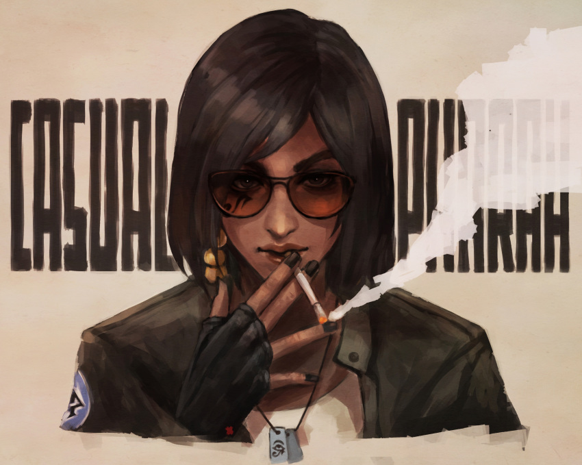 1girl bangs black_gloves black_hair black_nails casual character_name cigarette commentary dark_skin dog_tags english_commentary english_text eye_of_horus facial_tattoo fingerless_gloves gloves highres jacket leather leather_jacket lips looking_at_viewer monori_rogue nose overwatch pharah_(overwatch) portrait short_hair smoke smoking solo sunglasses swept_bangs tattoo thick_eyebrows