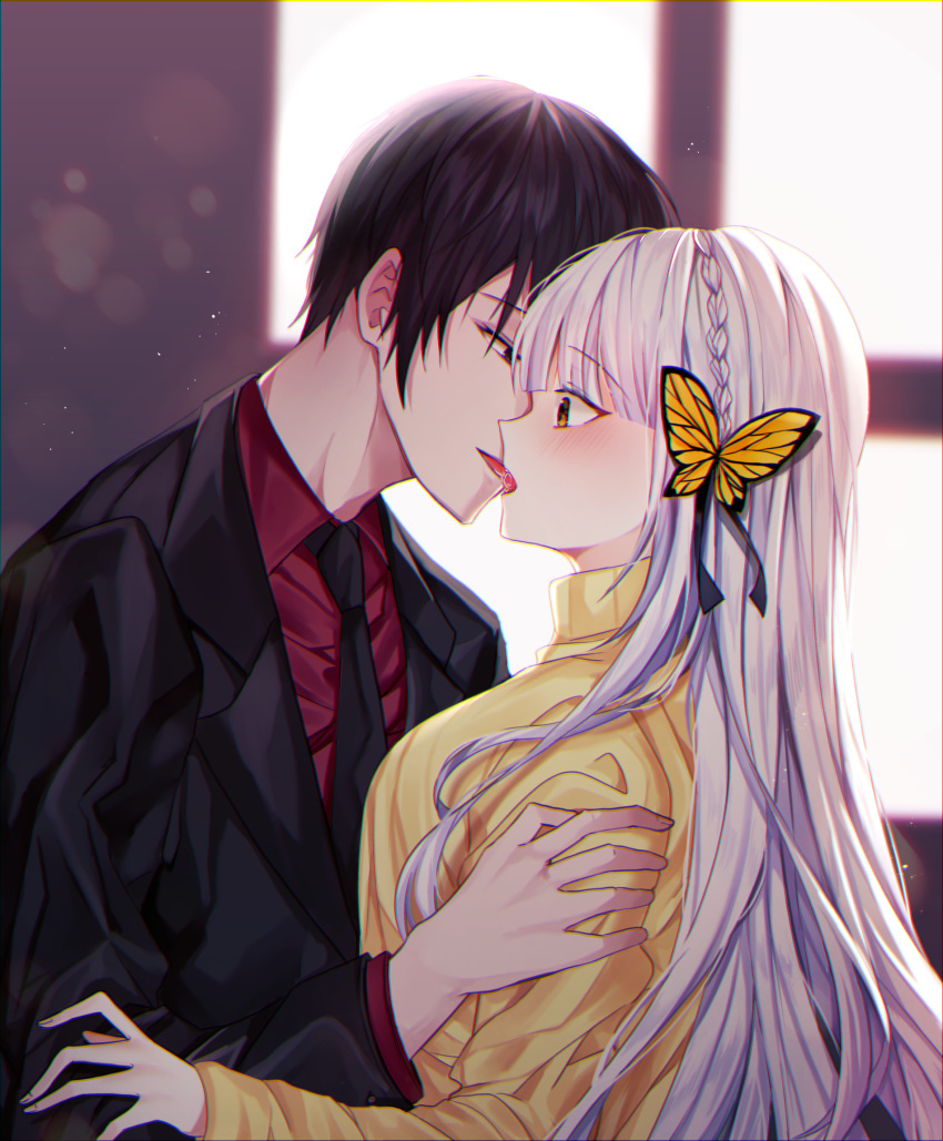 1boy 1girl bangs black_eyes black_hair black_jacket black_neckwear braid brown_eyes butterfly_hair_ornament collared_shirt commentary crown_braid english_commentary eyebrows_visible_through_hair formal french_kiss hair_ornament hand_on_another's_shoulder highres jacket kiss long_hair long_sleeves miyo_(user_zdsp7735) necktie original profile red_shirt shirt silver_hair suit upper_body very_long_hair yellow_shirt