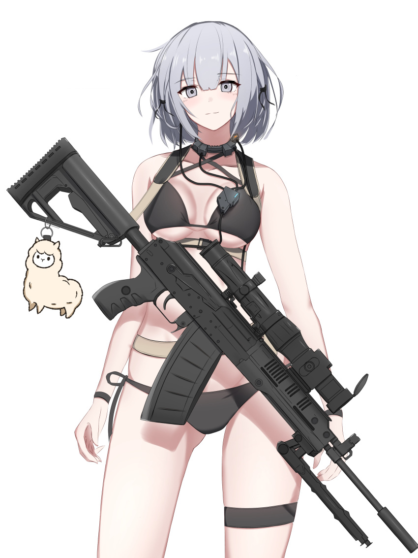 1girl absurdres bikini black_bra black_panties blush bra breasts girls_frontline grey_eyes gun highres looking_at_viewer medium_breasts panties rpk-16 rpk-16_(girls_frontline) rynn_(user_rkgs8583) short_hair silver_hair smile solo swimsuit underwear weapon white_background