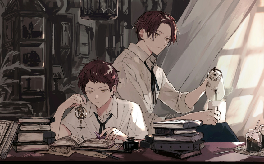 2boys birdcage book cage collared_shirt crystal cup curtains desk earrings highres holding indoors jar jewelry male_focus multiple_boys nnmy_itp0 original pouring redhead shirt sitting smile spoon stud_earrings wand white_shirt window yellow_eyes