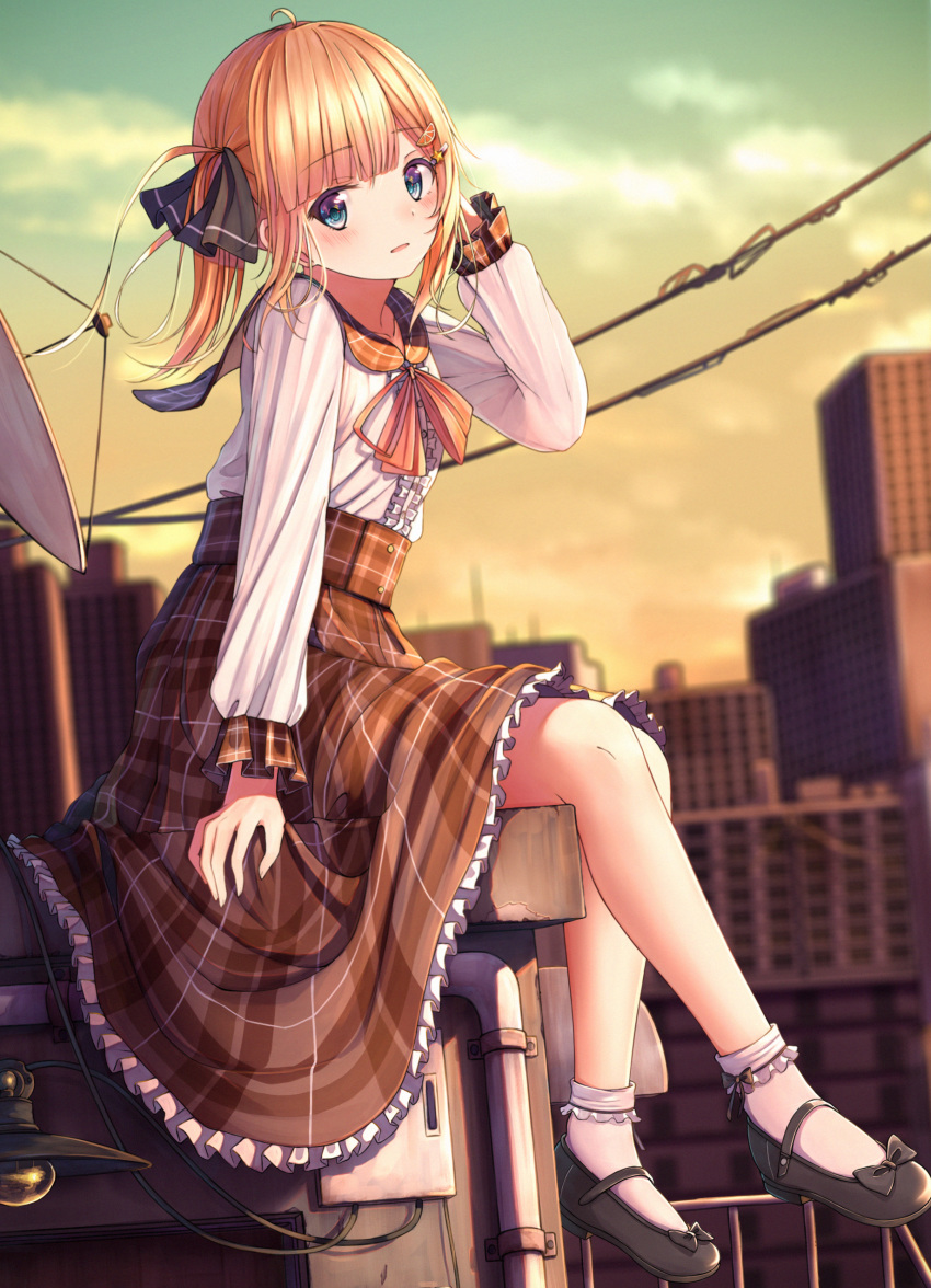 1girl absurdres ahoge black_footwear black_ribbon blonde_hair blue_eyes blurry blurry_background blush bobby_socks brown_sailor_collar brown_skirt building clouds commentary_request depth_of_field foot_dangle frilled_skirt frills hair_ribbon hand_up highres long_hair long_sleeves looking_at_viewer n2_(yf33) original outdoors parted_lips plaid plaid_sailor_collar plaid_skirt power_lines ribbon sailor_collar school_uniform serafuku shirt shoes sitting skirt sky socks solo sunset twintails white_legwear white_shirt