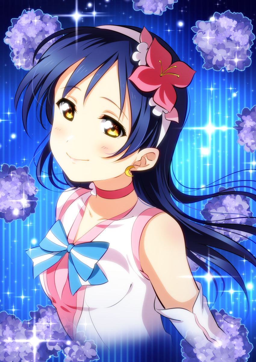 1girl absurdres bangs blue_hair blush bokutachi_wa_hitotsu_no_hikari choker commentary_request earrings elbow_gloves flower gloves hair_between_eyes hair_flower hair_ornament highres jewelry kougi_hiroshi long_hair looking_at_viewer love_live! love_live!_school_idol_project ribbon smile solo sonoda_umi yellow_eyes