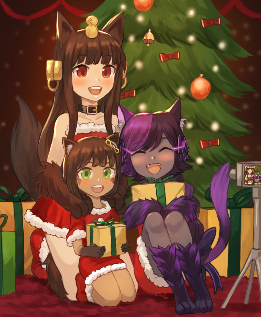 3girls ^_^ ^o^ absurdres animal_ears anubis_(monster_girl_encyclopedia) bell black_skin blush brown_hair camera character_request christmas christmas_ornaments christmas_tree closed_eyes commission dark_skin dog_ears dog_tail eyebrows_visible_through_hair facial_mark facing_viewer fangs gift green_eyes highres holding holding_gift kneeling looking_at_viewer monster_girl monster_girl_encyclopedia multiple_girls open_mouth red_eyes sitting smile sookmo tail upper_teeth