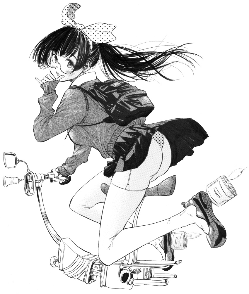 1girl absurdres ass backpack bag bangs earrings gagaimo garter_straps glasses hair_ribbon highres hover_bike jewelry leaning_forward long_hair long_sleeves looking_at_viewer looking_back miniskirt monochrome opened_by_self original panties pleated_skirt polka_dot polka_dot_panties polka_dot_ribbon ponytail ribbon riding round_eyewear school_uniform shoes skindentation skirt skirt_lift solo sweater thigh-highs traditional_media underwear wind wind_lift