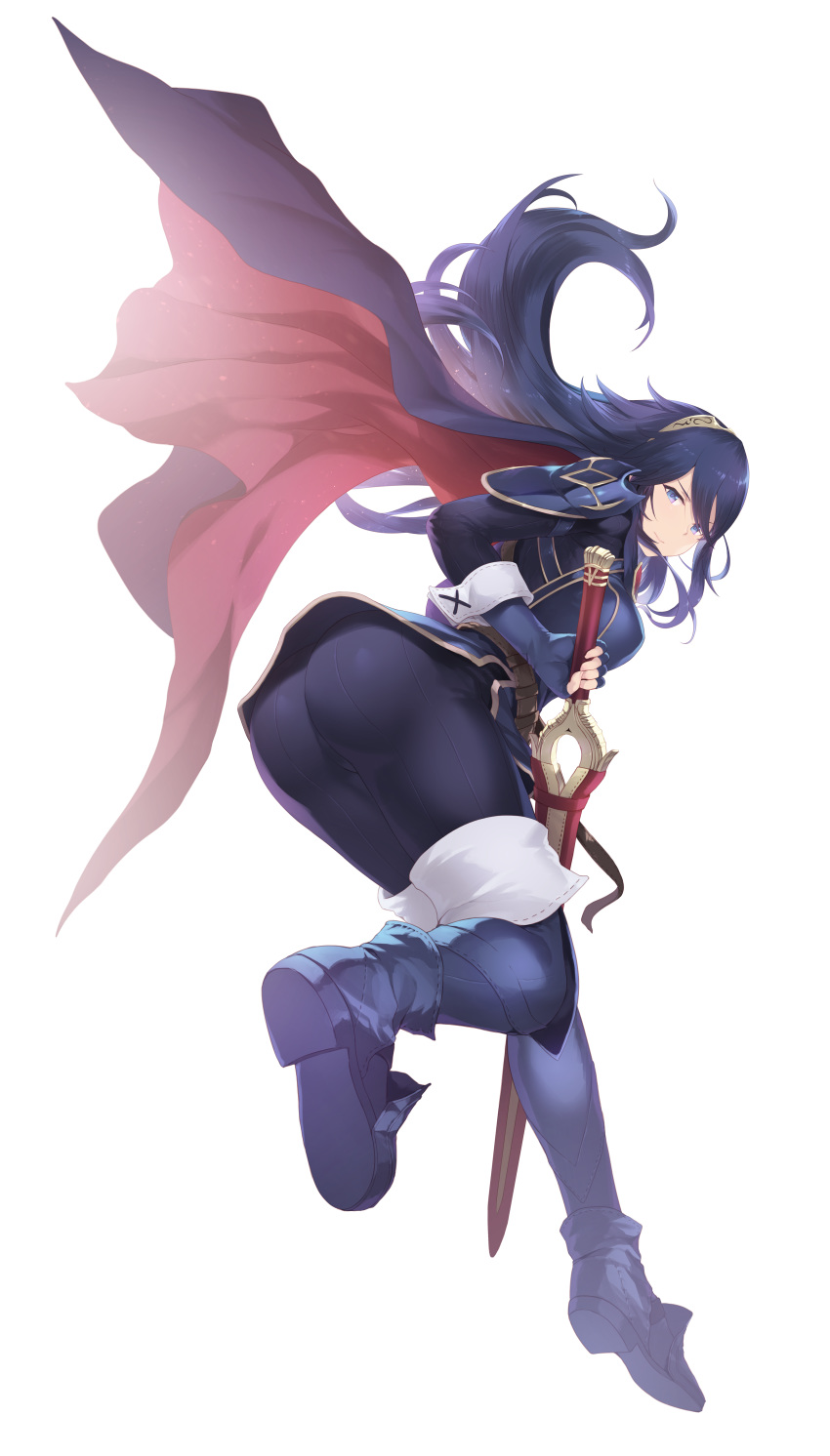 1girl absurdres bangs belt blue_dress blue_eyes blue_footwear blue_gloves blue_hair breasts cait cape closed_mouth dress falchion_(fire_emblem) fingerless_gloves fire_emblem fire_emblem_awakening gloves hair_between_eyes highres holding holding_sword holding_weapon huge_filesize long_hair looking_at_viewer lucina lucina_(fire_emblem) medium_breasts paid_reward patreon_reward sheath sheathed shoulder_armor sword tiara weapon wrist_cuffs