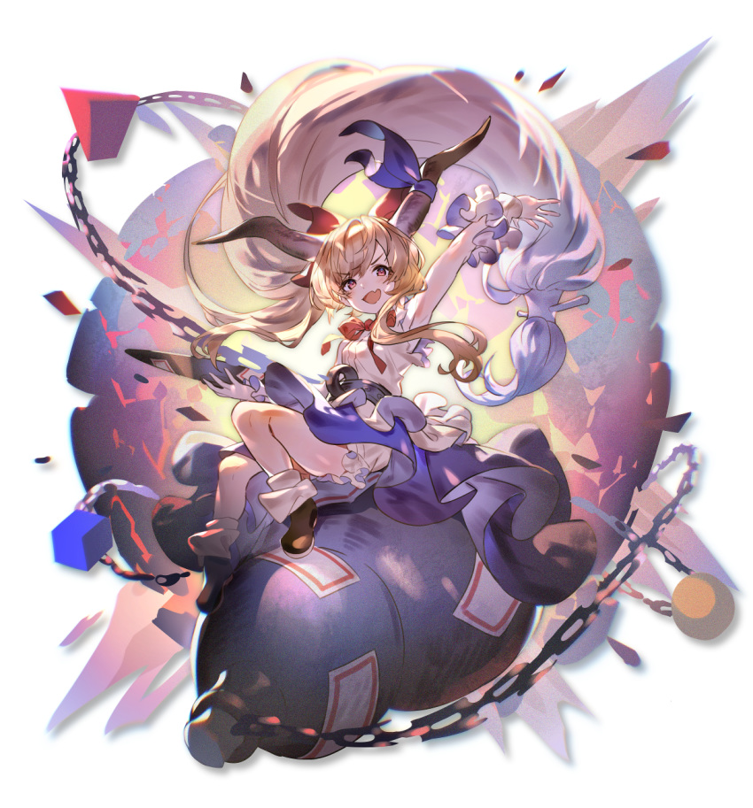 1girl :d arm_up armpits bangs bare_arms bare_shoulders black_footwear blonde_hair bloomers blue_skirt bow bowtie brown_eyes chain commentary_request cube eyebrows_visible_through_hair floating_hair gourd highres horns ibuki_suika long_hair looking_at_viewer low-tied_long_hair oni oni_horns open_mouth pyramid_(geometry) red_bow red_neckwear shirt shoes simple_background skirt sleeveless sleeveless_shirt smile socks solo touhou underwear uu_uu_zan v-shaped_eyebrows very_long_hair white_background white_bloomers white_legwear white_shirt wrist_cuffs