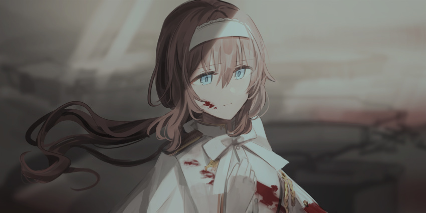 1girl bangs blood blood_on_face bloody_clothes blue_eyes blurry blurry_background chihuri closed_mouth depth_of_field eyebrows_visible_through_hair floating_hair gloves hair_between_eyes hairband hand_up highres jacket long_hair looking_away low_ponytail military_jacket original ponytail renata_alekseevna_tsvetaeva solo upper_body very_long_hair white_gloves white_hairband white_jacket
