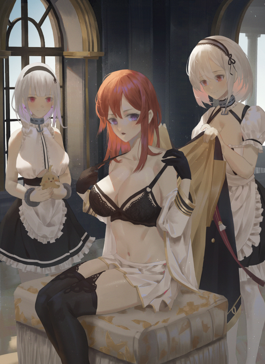 3girls absurdres apron azur_lane bare_shoulders black_bra black_gloves black_legwear blue_eyes bra breasts choker cirilla collarbone dido_(azur_lane) gloves hairband highres jacket lightblue_hair long_hair looking_at_another looking_at_viewer maid maid_apron maid_dress maid_headdress manjuu_(azur_lane) medium_breasts monarch_(azur_lane) multiple_girls open_clothes open_mouth open_shirt redhead shirt short_hair simple_background sirius_(azur_lane) sitting_on_chest skirt smile thigh-highs underwear violet_eyes white_hair white_shirt white_skirt