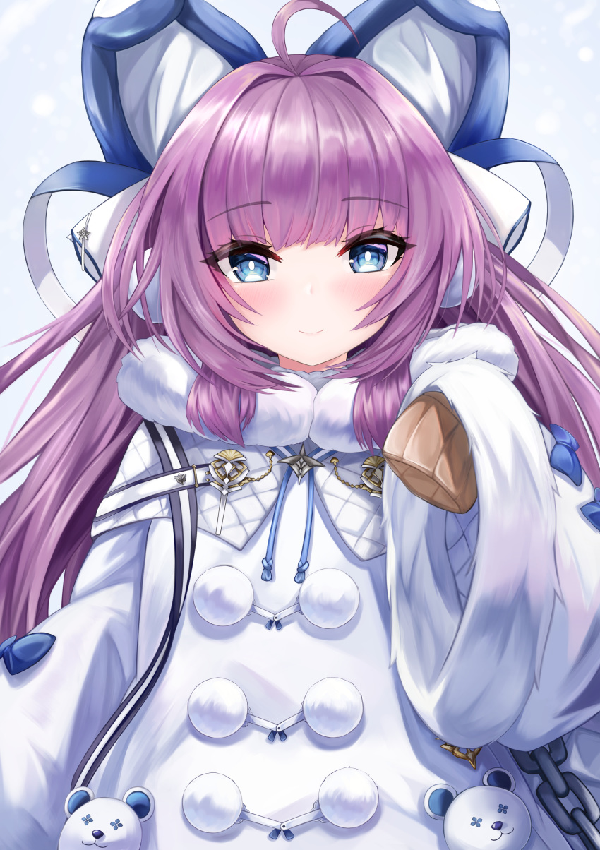 1girl absurdres animal_ears azur_lane blue_eyes blush coat dress eyebrows_visible_through_hair fake_animal_ears fur_trim hair_ornament hair_ribbon highres long_hair long_sleeves looking_at_viewer ponytail purple_hair ribbon ryara_vivi sleeves_past_wrists solo sweater tashkent_(azur_lane) very_long_hair white_coat