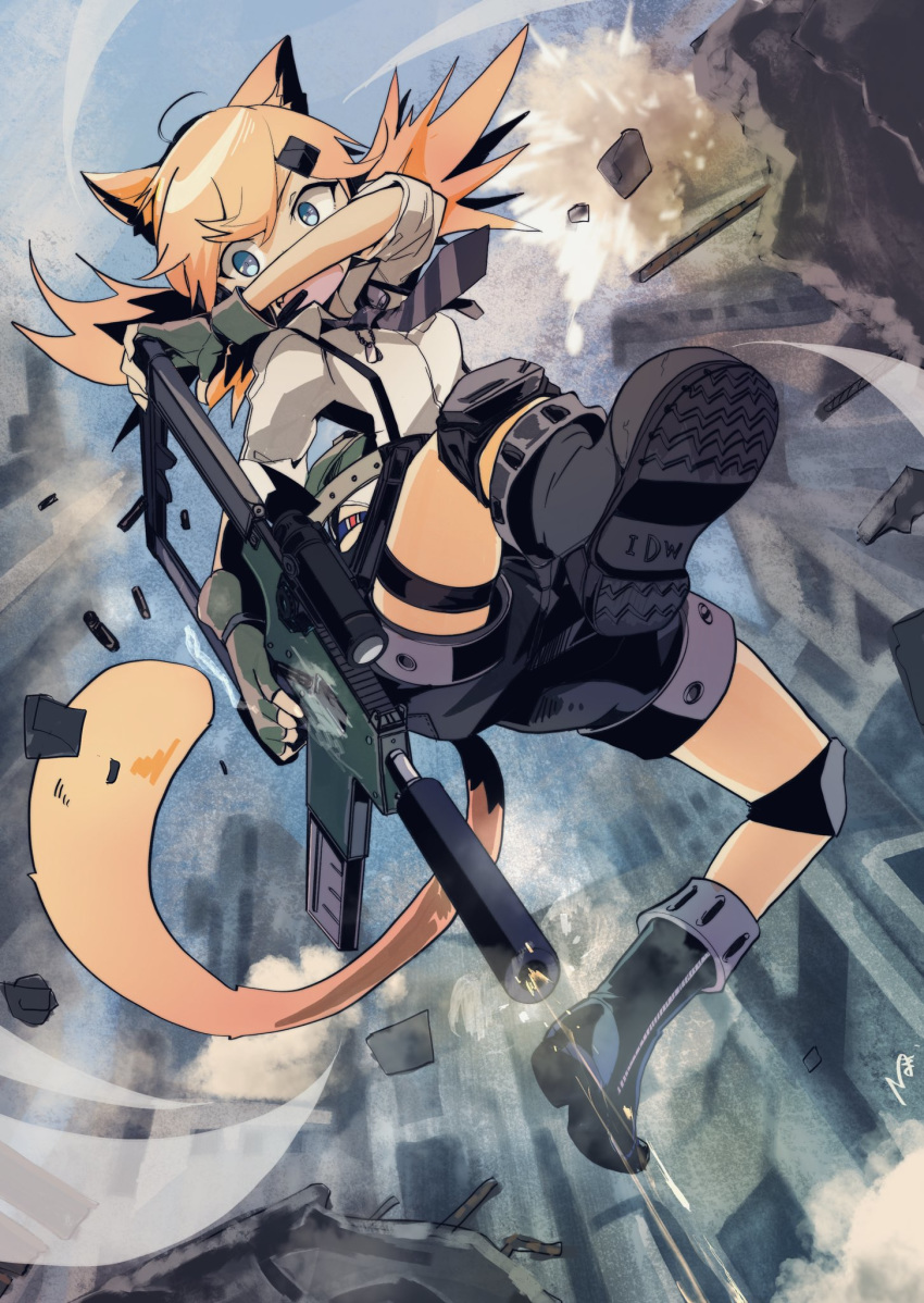 1girl animal_ears bangs black_legwear blonde_hair blue_eyes bullet bushman_idw cat_ears commentary_request explosion firing girls_frontline gloves gun hair_between_eyes hair_ornament highres holding holding_weapon idw_(girls_frontline) knee_pads mineta_naoki necktie open_mouth shirt shorts solo tail twintails weapon