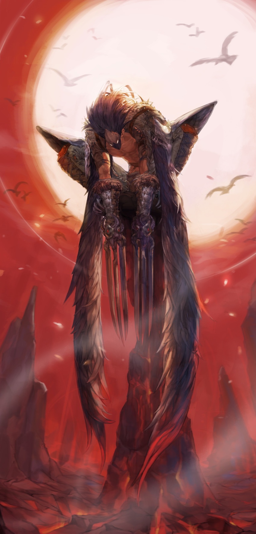 1boy absurdres animal armor bird black_hair claw_(weapon) cracked_floor crow feathers flying fur-trimmed_gloves fur_trim gloves hair_slicked_back highres long_hair mask molten_rock muscle original pauldrons red_sky silhouette sky soapz_3535 sun talons weapon wings