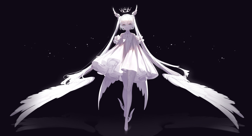 1girl absurdres blue_eyes crown dress floating floating_object hair_wings hatsune_miku highres long_hair reflection simple_background twintails vocaloid white_dress white_hair white_legwear white_wings wings yoggi_(stretchmen)