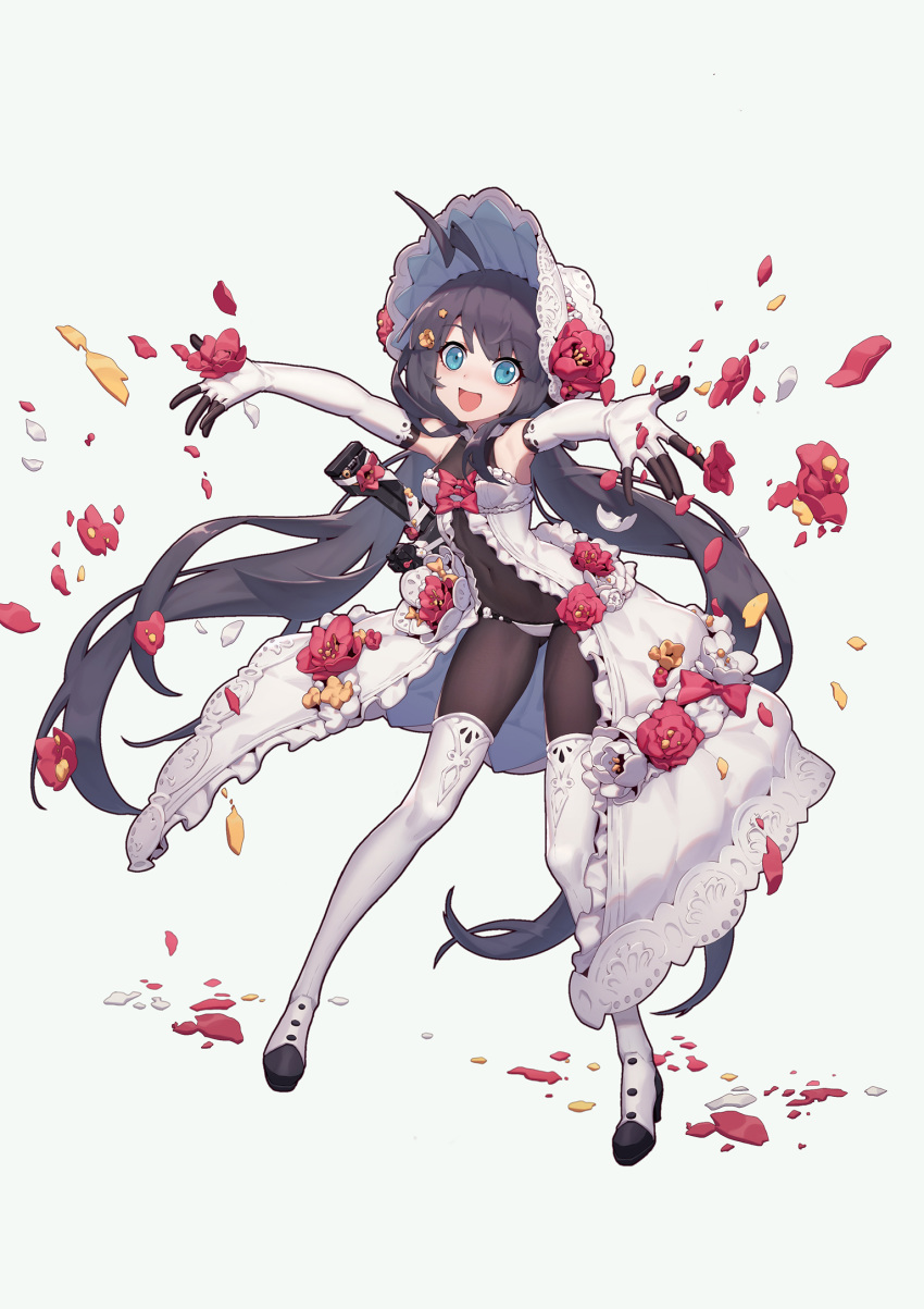 1girl :d ahoge bangs bare_shoulders black_bodysuit black_hair blue_eyes bodysuit bodysuit_under_clothes bonnet boots breasts chunrijun_(springer) clip_(weapon) covered_navel dress elbow_gloves eyebrows_visible_through_hair flower frilled_dress frills full_body girls_frontline gloves green_background hair_ornament highres long_hair low_twintails medium_breasts official_art open_mouth outstretched_arms panties petals red_flower ribbon simple_background smile solo stechkin_(girls_frontline) strapless strapless_dress thigh-highs thigh_boots twintails underwear very_long_hair white_dress white_footwear white_gloves white_headwear white_legwear white_panties white_ribbon