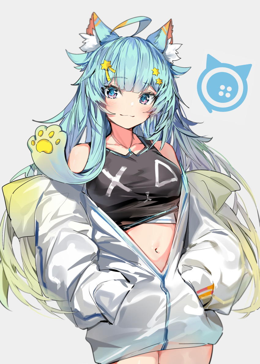 1girl ahoge animal_ear_fluff animal_ears bangs bare_shoulders blue_eyes blue_hair blush breasts closed_mouth collarbone commentary_request copyright_request crop_top eyebrows_visible_through_hair gradient_hair green_hair grey_background hair_ornament hairclip hands_in_pockets highres hood hood_down hooded_jacket jacket lanmewko long_sleeves medium_breasts multicolored_hair navel off_shoulder open_clothes open_jacket original puffy_long_sleeves puffy_sleeves silver_(chenwen) simple_background smile solo star star_hair_ornament white_jacket