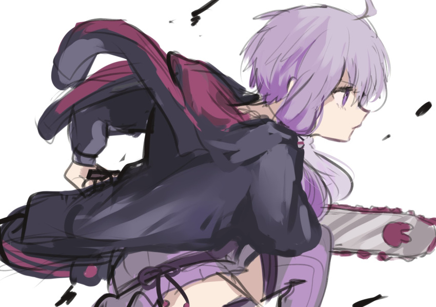 1girl animal_ears animal_print bunny_print chainsaw commentary doodle from_side gomiyama hair_tubes highres holding_chainsaw hood hooded_jacket jacket purple_hair purple_jacket purple_legwear rabbit_ears running short_hair_with_long_locks sidelocks solo thigh-highs upper_body violet_eyes vocaloid voiceroid white_background yuzuki_yukari zettai_ryouiki