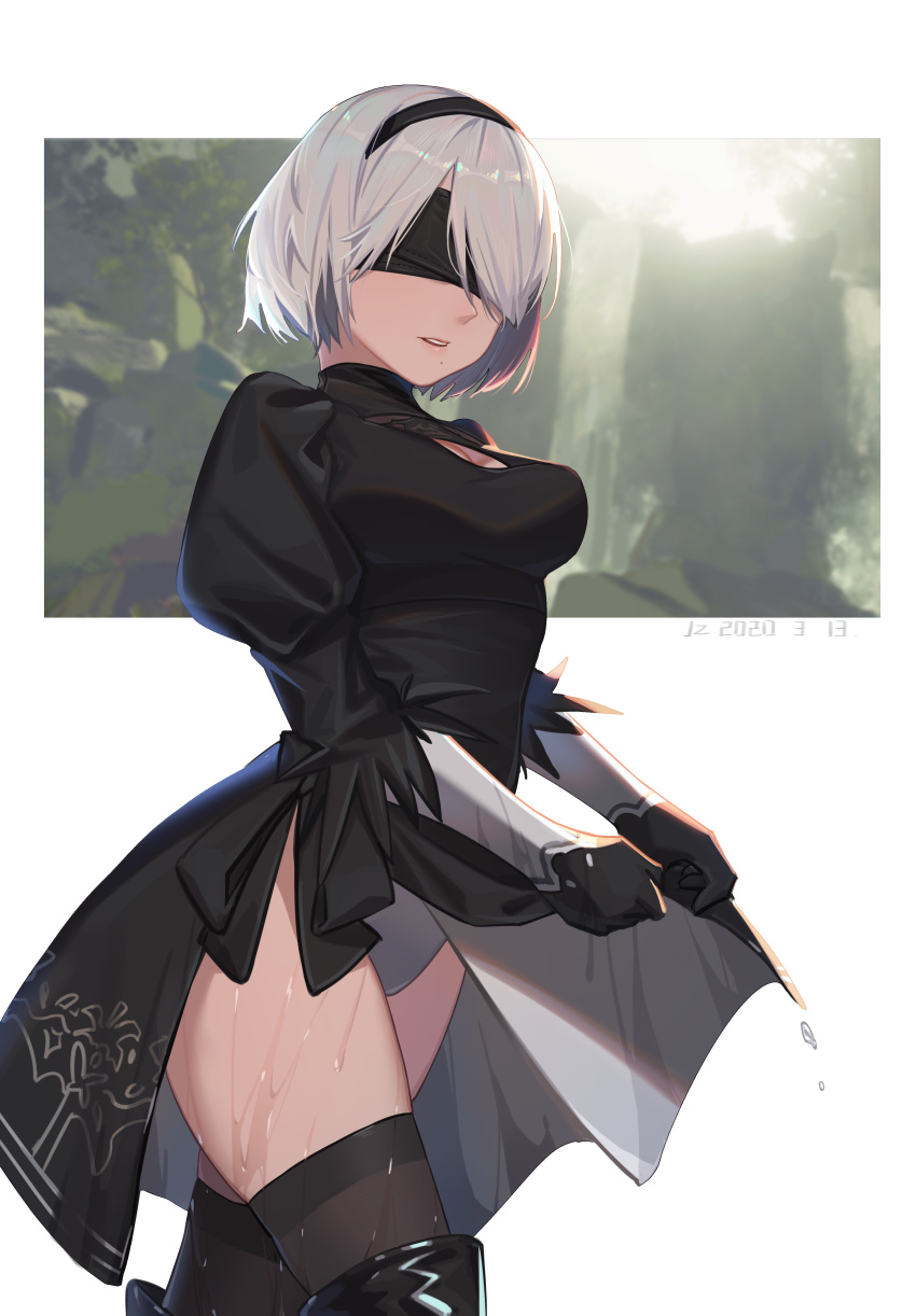1girl absurdres bangs black_blindfold black_dress black_hairband blindfold boots breasts cleavage_cutout covered_eyes cowboy_shot dress feather-trimmed_sleeves forest hairband highleg highleg_leotard highres juliet_sleeves leotard long_sleeves medium_breasts mole mole_under_mouth nature nier_(series) nier_automata open_mouth parted_bangs puffy_sleeves thigh-highs thigh_boots thighhighs_under_boots thighs vambraces water waterfall wet white_background white_hair white_leotard xtears_kitsune yorha_no._2_type_b