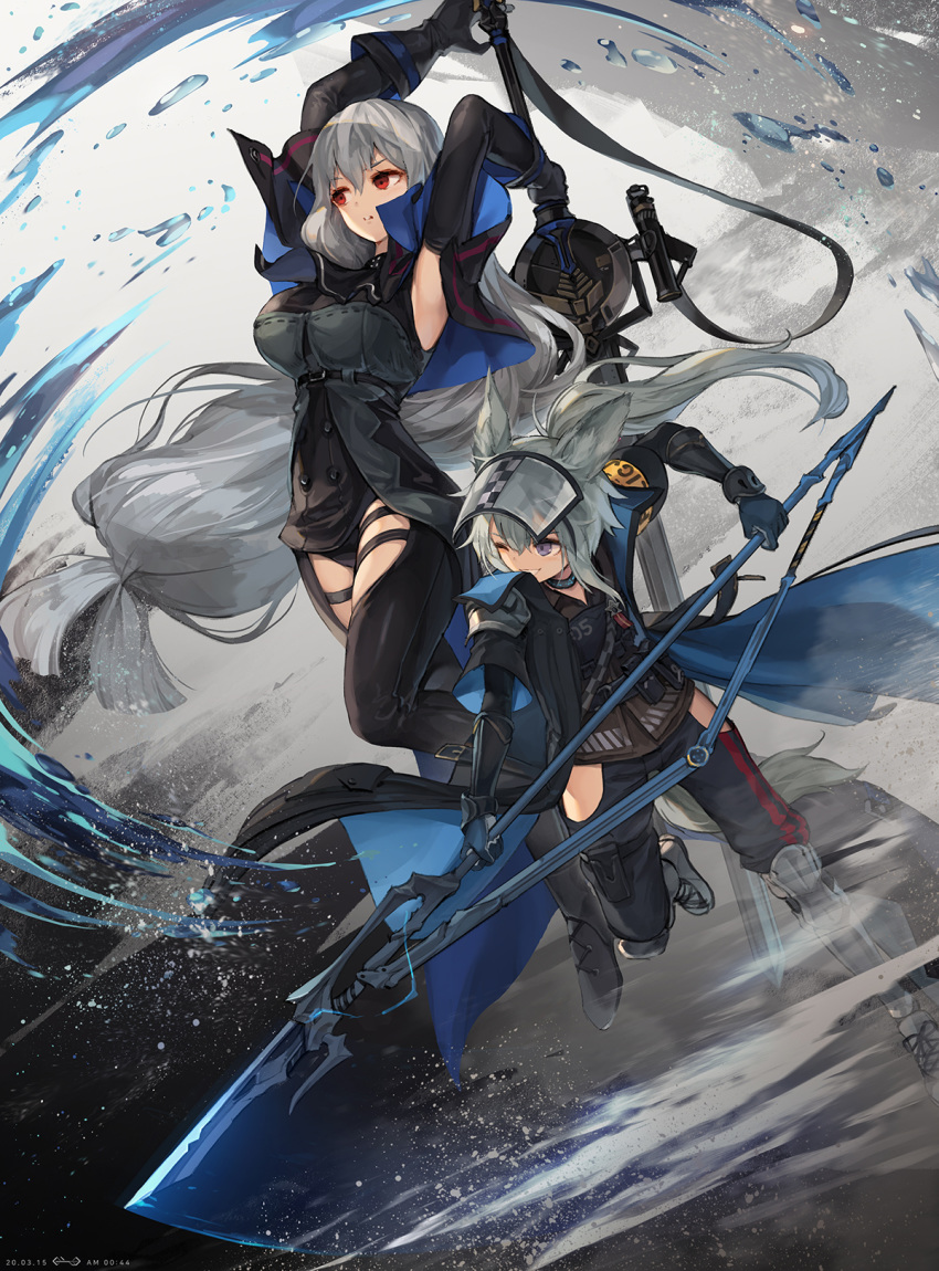 2girls animal_ears arknights armband bangs black_coat black_gloves black_pants breasts coat commentary full_body gloves grani_(arknights) green_hair grey_background grey_hair hair_between_eyes highres holding holding_weapon horse_ears jakoujika long_hair low-tied_long_hair multiple_girls one_eye_closed pants polearm ponytail red_eyes skadi_(arknights) sword thigh_cutout two-handed_sword very_long_hair violet_eyes visor_cap weapon