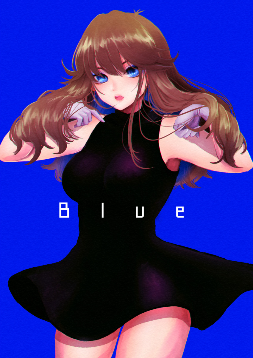 1girl blue_(pokemon) blue_background blue_eyes breasts brown_hair closed_mouth gloves highres long_hair looking_at_viewer mokorei pokemon pokemon_special sleeveless smile